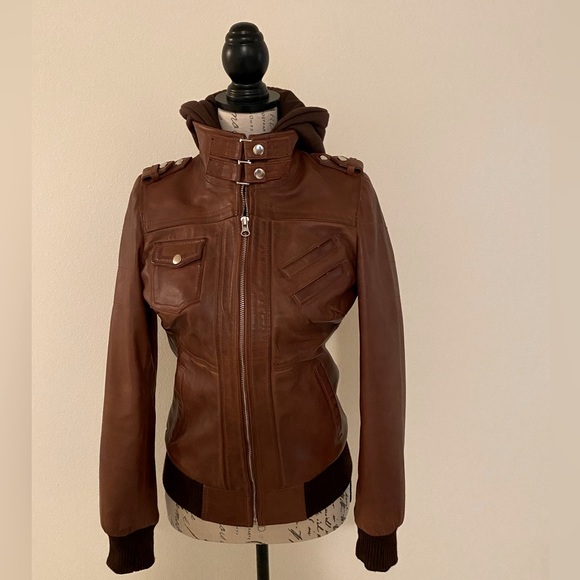 Women's Bomber Cognac Brown Leather Jacket with Removeable Hood - Picture 2 of 9